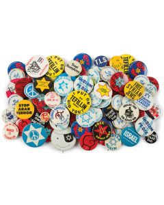Group of c. 98 colorful metal button pins. Themes ranging from political, religious, social, etc.