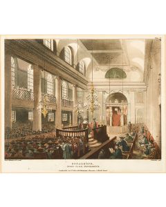Synagogue, Dukes Place, Houndsditch. Hand-colored engraving by Rowlandson, extracted from The Microcosm of London.