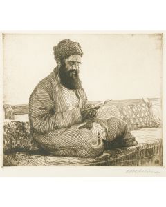 Bukharian Jew Studying. Etching. Signed by artist in pencil lower right.