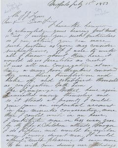Noah, Mordecai Manuel. Autograph Letter Signed, in English to Rev. Jacques Judah Lyons.