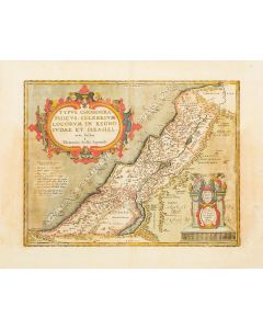 “Typus chorographicus, celebrium locorum in regno Iudae et Israhel. arte factus a Tilemanno Stella Sigenensi” Double-page hand-colored copperplate map.
