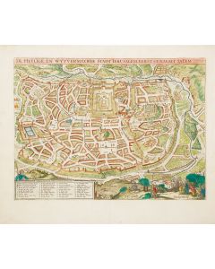 “De Heylige en Wytvermaerde Stadt Ierusalem, Eerst Genaemt Salem.” Hand-colored copperplate map.