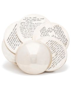 Clever spherical sculpture with four hinged sliding discs featuring Hebrew kiddush prayers for Sabbath and Holidays. Marked: “Arie Ofir, Sterling. Jerusalem, Israel.” Diameter: 4.75 inches.