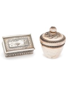 <<*>> Rectangular Bezalel pill box with applied filigree and hinged lid adorned with detailed image of Moses looking out upon the Land of Israel. Marked. (1.75 x 1 inches). <<*>> Miniature lidded urn with filigree. Marked. (1.75 inches).