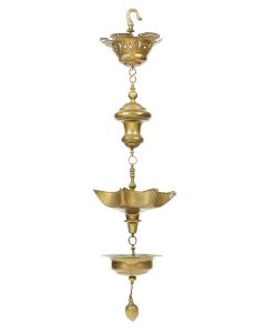 Openwork, engraved scalloped-top crown top from which hangs a large baluster element and seven-channel oil reservoir and matching, semi-circular drip bowl beneath. Further hung with large flower-bud pendant. Height: 37 inches.