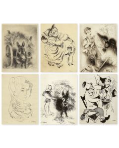 Group of six drawings on paper. Subjects include character portraits and rural scenes.