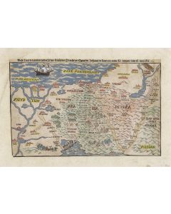 “Dese Caerte van den uittocht der kinderen Israels uit Egypten Behoort te staen int Oude Testament.” Double-page hand-colored woodcut map.