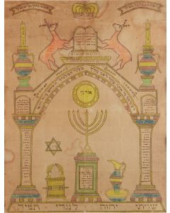 Shevithi / Mizrach finely composed by Aaron HaKohen Lefkowitz in classic architectural style, with typical Jewish iconographic elements and incorporating traditional Hebrew texts.