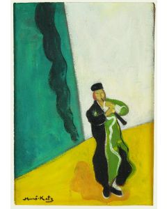 Three works executed in the style of Mané-Katz: Portrait of a Rabbi. Gouache on card. 10 x 8 inches. * The Clarinet Player. Gouache on fabric (linen?). 13 x 11 inches. * Mother and Child. Gouache on panel. 12 x 13 inches.