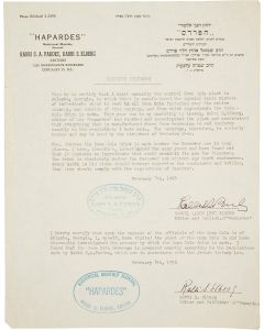 Typed Document Signed in English by Rabbis Samuel Aaron Levi Pardes and Simcha Elberg, authorizing the Kashruth of Coca Cola.