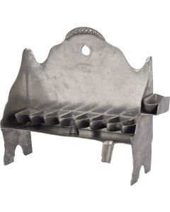 Bench-form, backplate with suspension-hole fronted by detachable row of eight oil receptacles. With removable servant light, the whole set on four supports. Marked. 6.5 x 7.5 inches (16.5 x 19.1 cm).