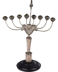 Art Nouveau-inspired form with sinuous branches protruding from organic, floral central element; central shaft topped with bird servant light. The whole set on round, wooden base. 16.75 x 13.5 inches (42.6 x 34.3 cm).