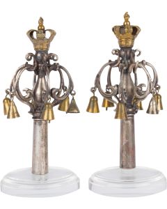 Of unusually petite and delightful style. Delicate open-form, hung with tier of six gilt bells, surmounted by gilt coronets. Height: 5.75 inches (14.6 cm).