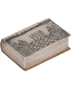 Of book form, hinged lid engraved with scene of Jerusalem’s Western Wall. 1.2 x 1.7 inches (3.1 x 4.3 cm).