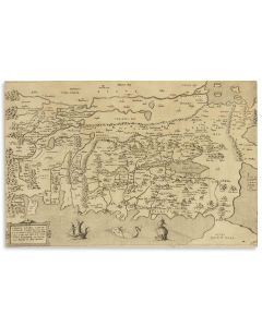 “Tabula Terrae Canaan Abrahae Tempore et Ante Adventum Filior. Israel cum Vicinis et Finitimis Regionib.” Hand-colored copperplate map, engraved by Pieter van der Heyden. <<With Hebrew place-names.>>