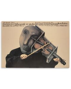 (Theater Poster). Skrzypek na dachu [“Fiddler on the Roof.”] Text in English and Polish simulating a musical score.