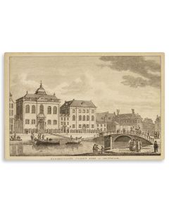 Hoogduitsche Jooden Kerke te Amsterdam. [“Synagogue of the Ashkenazic Jews in Amsterdam.”] Exterior with barge on canal in foreground.