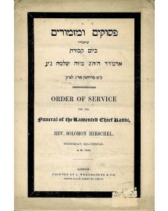 Order of Service for the Funeral of the Lamented Chief Rabbi, Rev. Solomon Hirschel.