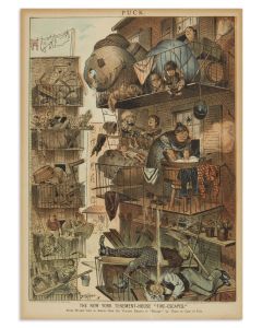 “The New York Tenement House - ‘Fire Escapes.’ Puck would like to know how the tenants expect to escape by them in case of fire.” From Puck Magazine.