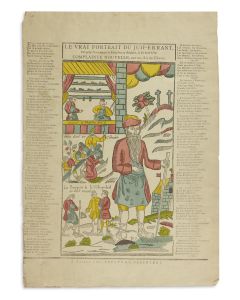 La Juif-Errant [“The Wandering Jew.”] Image of a young Frenchman directing a pejoratively drawn Jew away from his Christian town. With French lyrical text below.