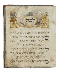 Plate painted with synagogue scene depicting the blowing of the Shofar, labelled “Rosh Hashanah” in Hebrew at lower center; gold rim. Labelled on back. Diam: 650mm.