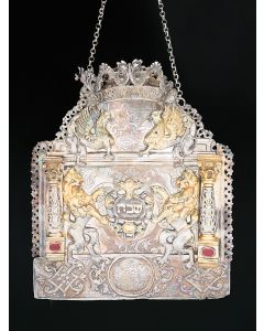 POLISH PARCEL-GILT SILVER AND GEM TORAH SHIELD.
