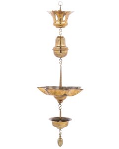 Openwork, engraved scalloped-top crown top from which hangs a large baluster element and seven-channel oil reservoir and matching, semi-circular drip bowl beneath. Further hung with large flower-bud pendant. Height: 34 inches.