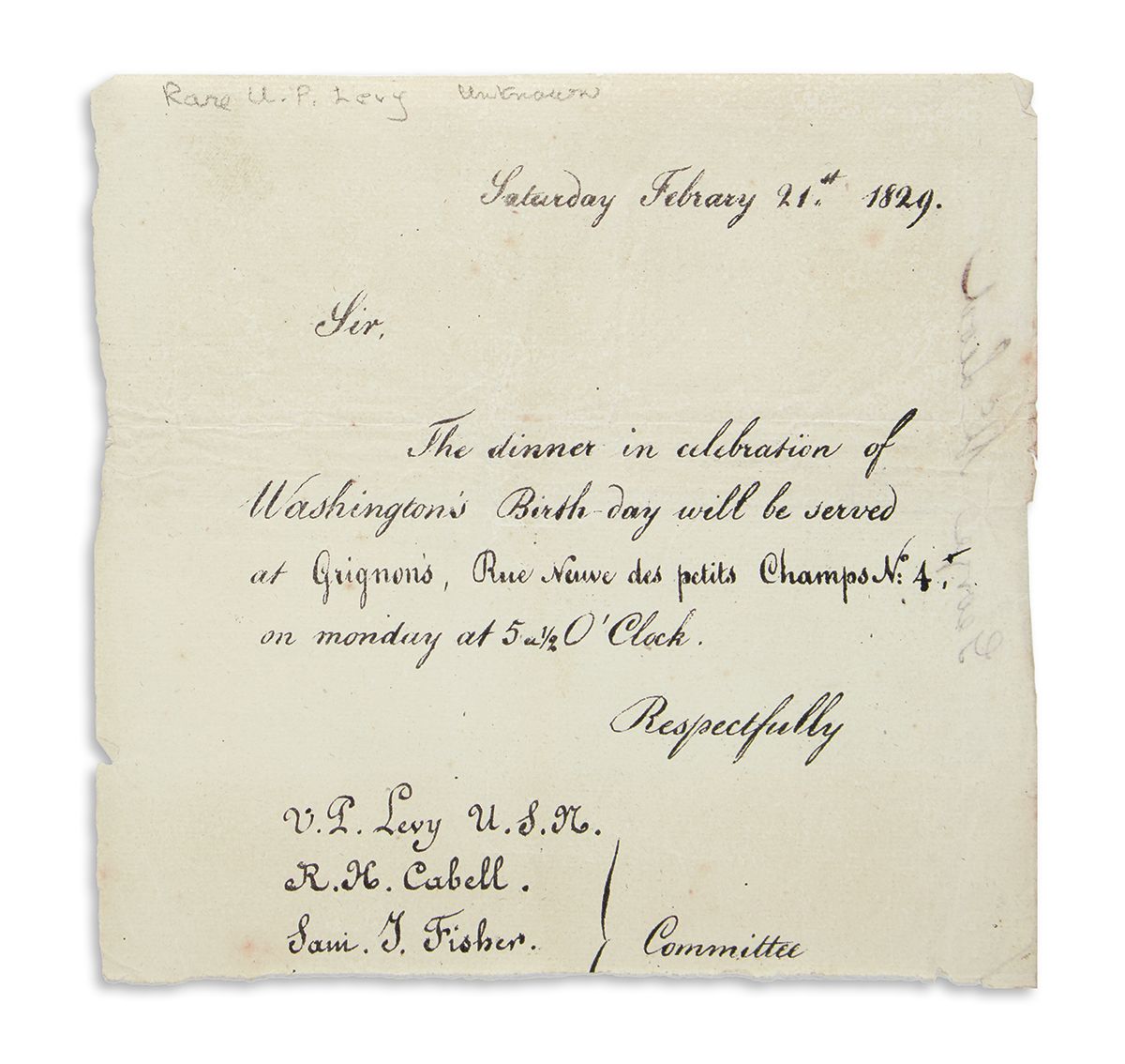 Printed Invitation to President’s Day Dinner from Uriah P. Levy