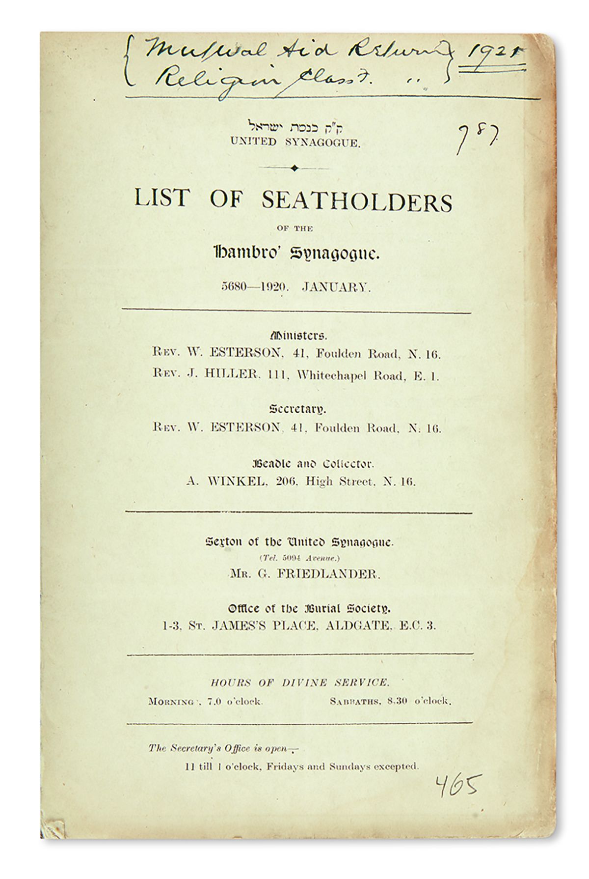 United Synagogue. List of Seat-holders of the Great Synagogue.