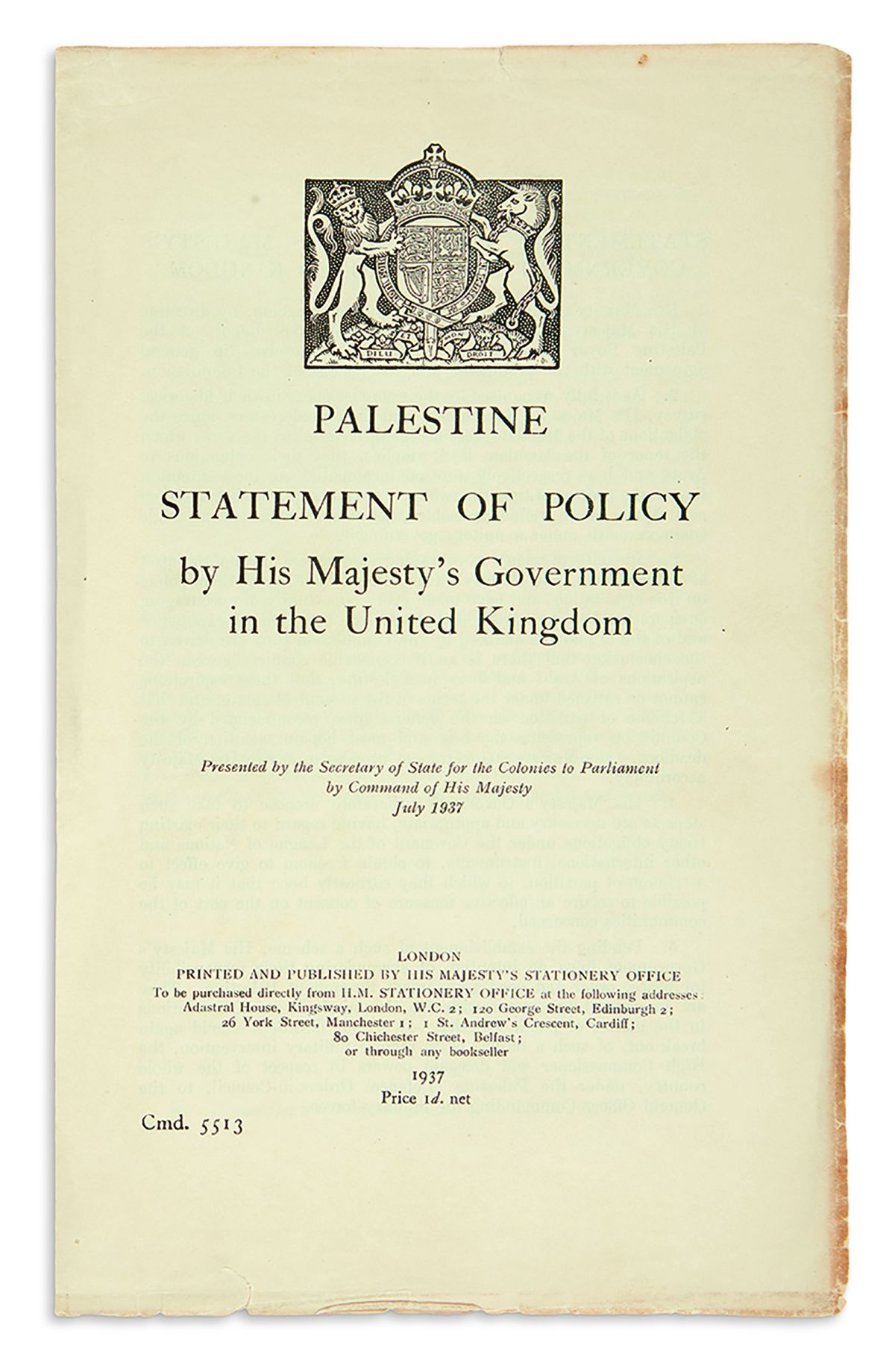 White Paper.”] Palestine: Statement of Policy by his Majesty’s ...