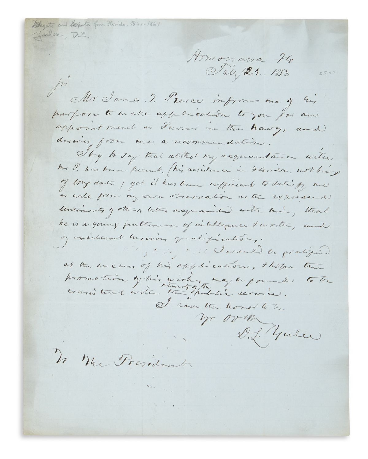 David Levy Yulee (181086). Autograph Letter Signed, written to