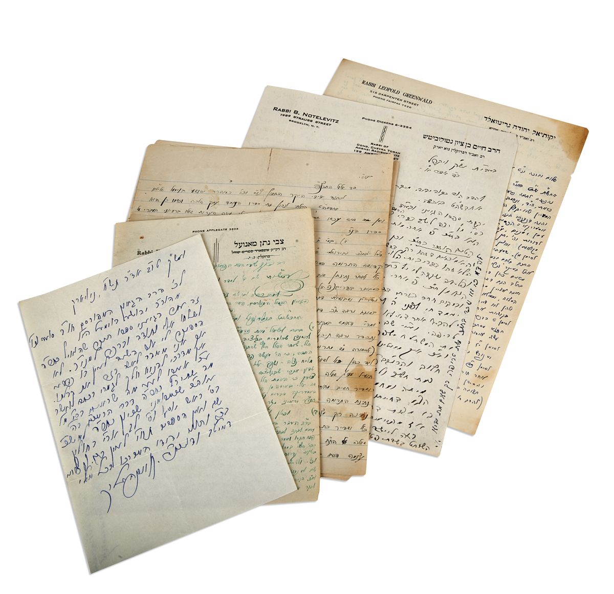 Group of ten Autograph Letters Signed. All written to R. Yehoshua Baumel from pre-War European and American Rabbis; many discussing Talmud and Halacha.