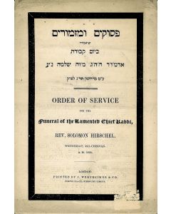 Order of Service for the Funeral of the Lamented Chief Rabbi, Rev. Solomon Hirschel.