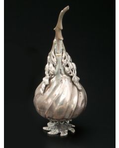 Pomegranate-shaped. With hollow-branch attached above, decorated with tendrils and acorns. Set on detachable leafy base. Height: 6.5 inches.