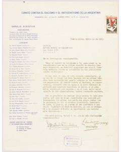 Two Typed Letters Signed written from the Comité Contra el Racismo y el Antisemitismo de la Argentina,