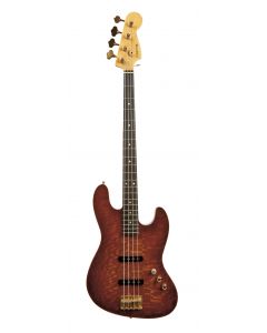 Schecter Guitar Research, Serial No. 92112, the Jazz-bass style body and pickup configuration, the maple neck and headstock, the ebony fretboard, scale length 34 in., with soft gig bag.