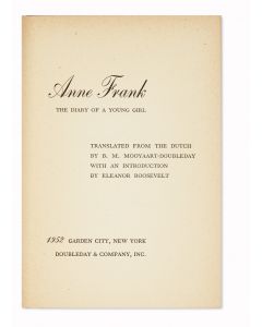 Anne Frank. The Diary of a Young Girl. Translated from the Dutch by B.M. Mooyart. With an introduction by Eleanor Roosevelt.