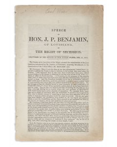 Speech of Hon. J.P. Benjamin of Louisiana on the The Right of Secession. Delivered in the Senate of the United States.