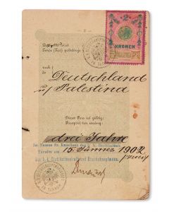 Passport issued for Szyja Stieglitz (b. 1878) from Tarnow, Galicia (Poland). Permitting travel to Palestine from Germany, through Trieste and on to Jerusalem. Stamp of the Turkish Consul General in Trieste.