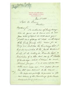 Sulzberger, Mayer (American judge and Jewish communal leader, 1843-1923).  written on letterhead to Rabbi Marcus Brann, in English with a few words in Hebrew.