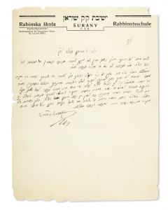 (Suranyi Ruv, 1882-1944). Autograph Letter Signed, written in Hebrew on Yeshiva letterhead to R. Avraham Tzvi.