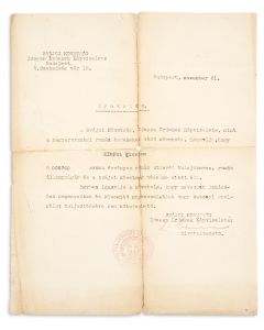 Protective Pass issued to a Jew, Florian Kimpel, by the Swiss Legation in Budapest, led by Carl Lutz.