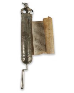 Cylindrical case, central cartouche inscribed with owner’s name and date “1896;” surmounted by coronet topped by bird. Angled spindle. Fitted with complete manuscript Esther Scroll written on vellum. Length of case: 13 inches (33 cm).