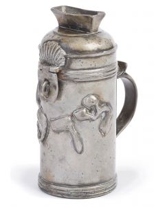 Tankard-shaped, with hinged lid and raised coin slot atop. Chased with shell-ornament hasp lock, bearing large Hebrew applique: “Charity.” Marked. Height: 6.5 inches; Diameter excluding handle: 3 inches.