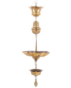 Openwork, engraved scalloped-top crown top from which hangs a large baluster element and seven-channel oil reservoir and matching, semi-circular drip bowl beneath. Further hung with large flower-bud pendant. Height: 34 inches.