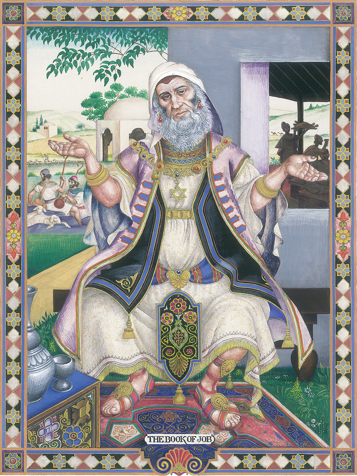 <p>Arthur Szyk.</p>
<p>The Book of Job.</p>
<p>Complete suite of eight original gouache and ink illustrations.</p>
<p>New York, 1943-45.</p>
<p>Sold at auction 16th December, 2015.</p>
<p>Hammer-price: $110,000.</p>