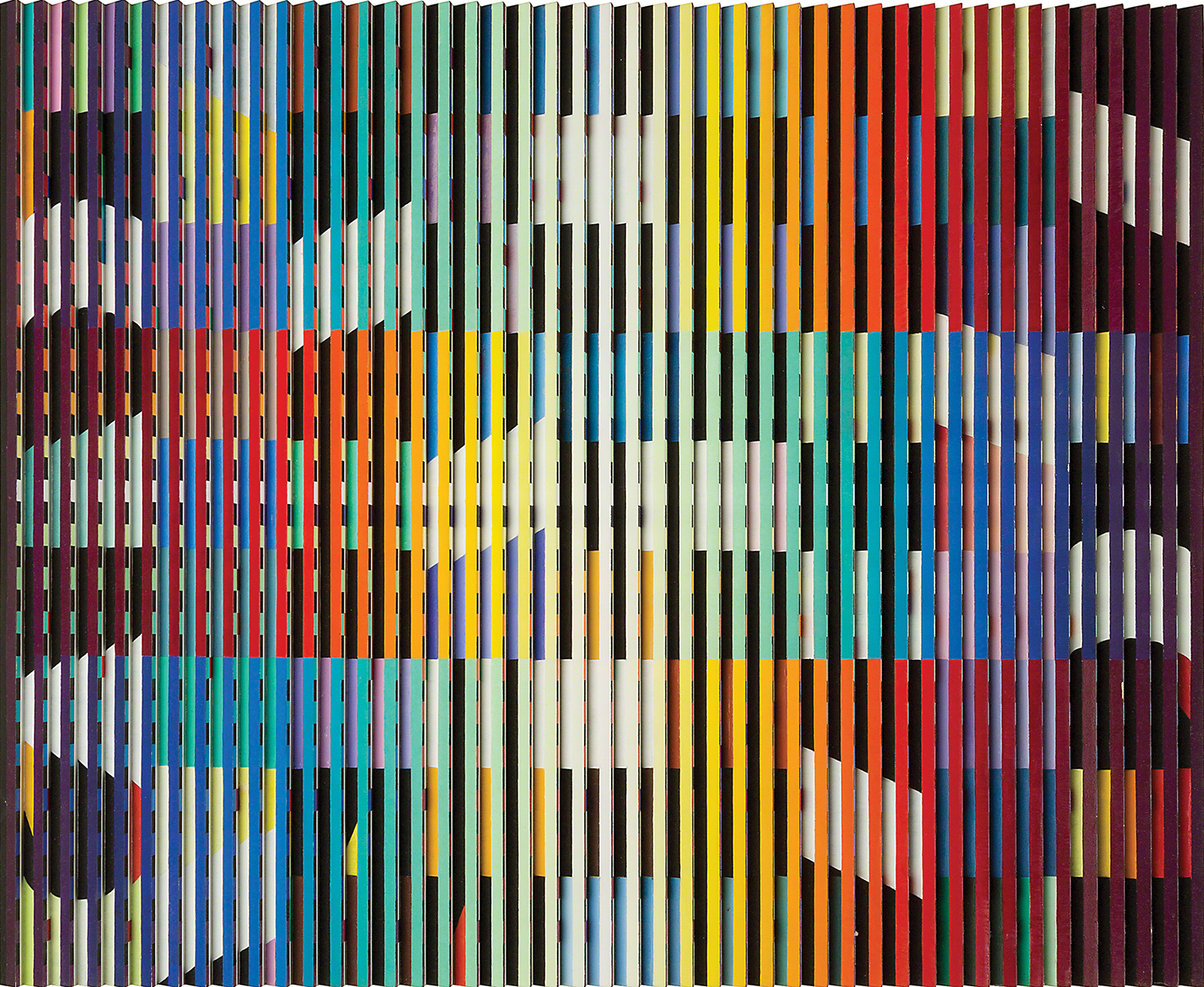 <p>Yaacov Agam.</p>
<p>From Birth to Eternity.</p>
<p>Oil on angled aluminum on wood. 32 x 36 inches. Paris, 1969-72.</p>
<p>Sold at auction 14th December, 2016.</p>
<p>Hammer-price: $152,000.</p>