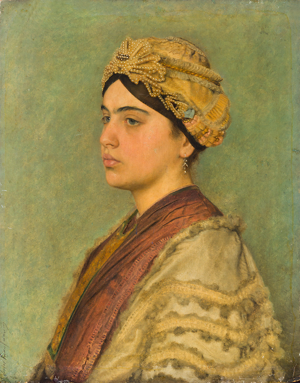 Isidor Kaufmann. <p>Young Jewish Bride. <p>Oil on panel. 31 x 25 inches. <p>Sold at auction 16th March, 2017. <p>Hammer-price: $230,000.